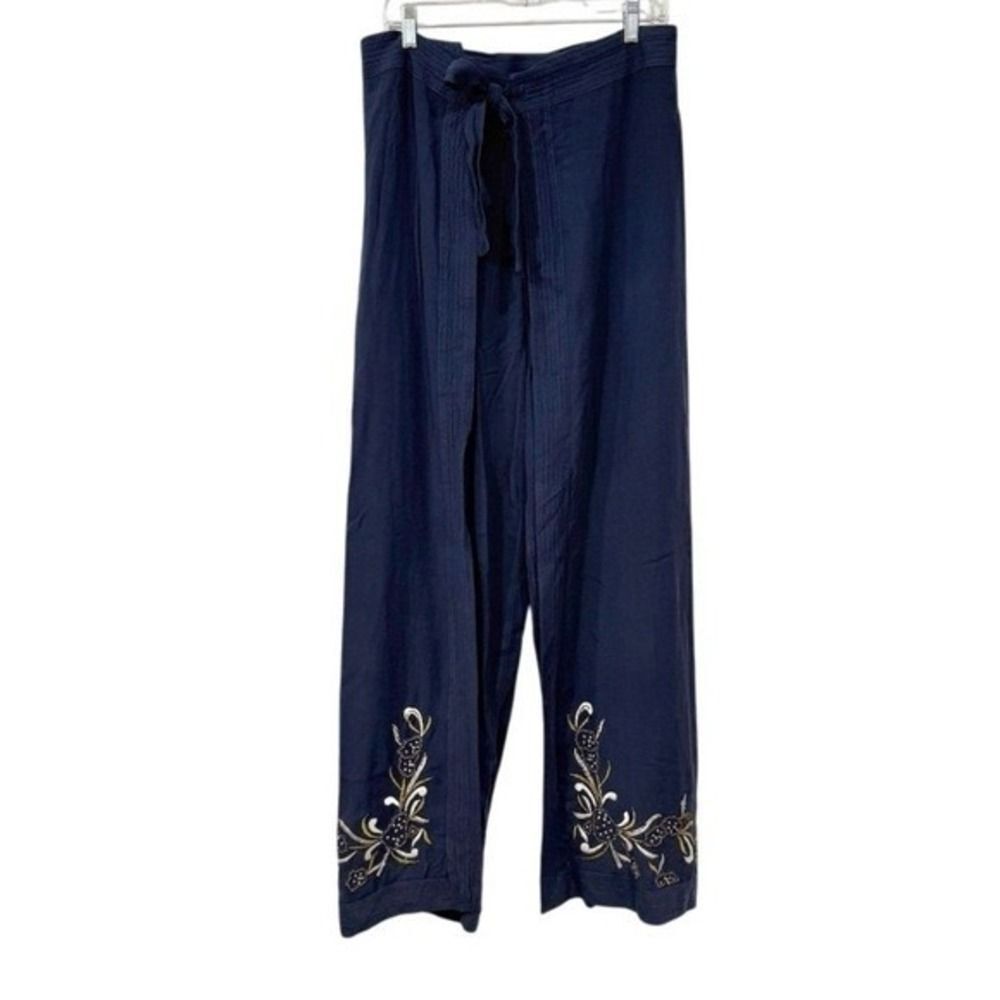 Soft Surroundings Womens Wrap Pants L Tall Navy Blue Embroidered Beaded Floral